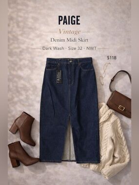 PAIGE Vintage Denim Midi Skirt Dark Wash Size 32 NWT